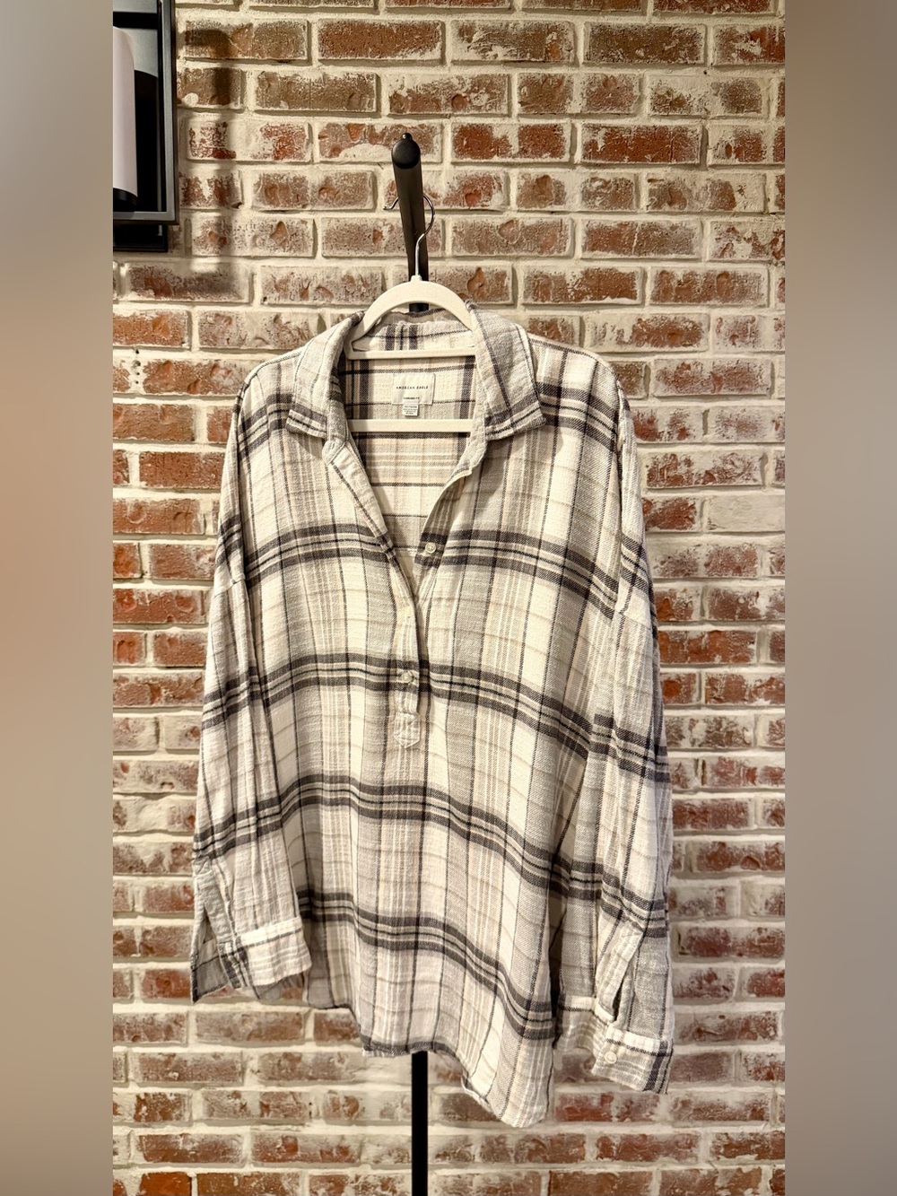 American Eagle Outfitters Cream and Gray Plaid Button Shirt